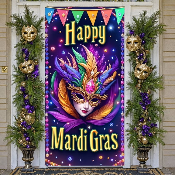 Purple Mask Mardi Gras Banner Gold Ornate Masquerade Display Green Feather Emerald Gem Carnival Backdrop for Carnival Party Masquerade Ball Festive Celebration