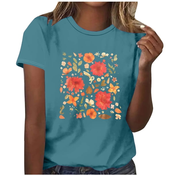 Tops Cortos para las Mujeres Blusas Impresas Manga Corta Cuello Redondo, Tops de Blusa para las Mujeres Primavera Verano Casual