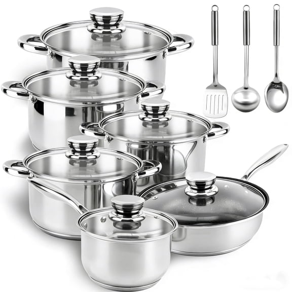Bestdin 15 Pieces Cookware Set Nonstick, Stainless Steel Pots and Pans Set for Kitchen with Frying Pan, Sauce Pan, Pots and Pans for Cooking with 3 Utensils, Dishwasher Safe, Silver