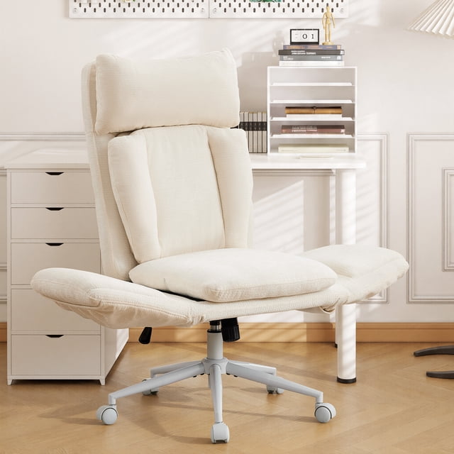 Chaise de Bureau à Croisillons avec Roulettes, Grande et Haute Chaise de Bureau, Accoudoirs Réglables, Beige Chenille