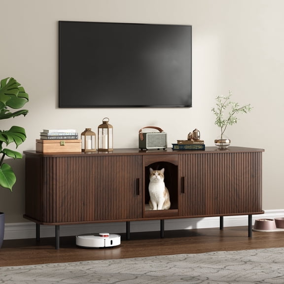 PieDle 59'' Large Cat Litter Box Enclosure with Sliding Tambour Door, Hidden Litter Box Furniture, Wood Cat Litter Box Cabinet with Cat Scratch Pad