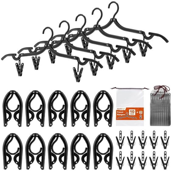 Cozymood Clothes Hangers, Foldable Travel Hangers 10 Pack with 10 Clips, Portable Collapsible Hanger, Travel Accessories Essentials Folding Hangers, Black