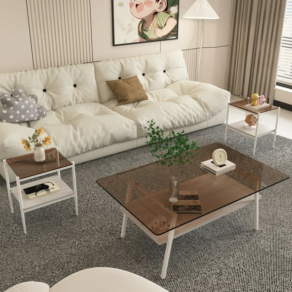 CoSoTower Coffee Table and End Tables Set of 3, Tempered Glass Table with MDF Layer, Modern Tables for Living Room , Brown Glass