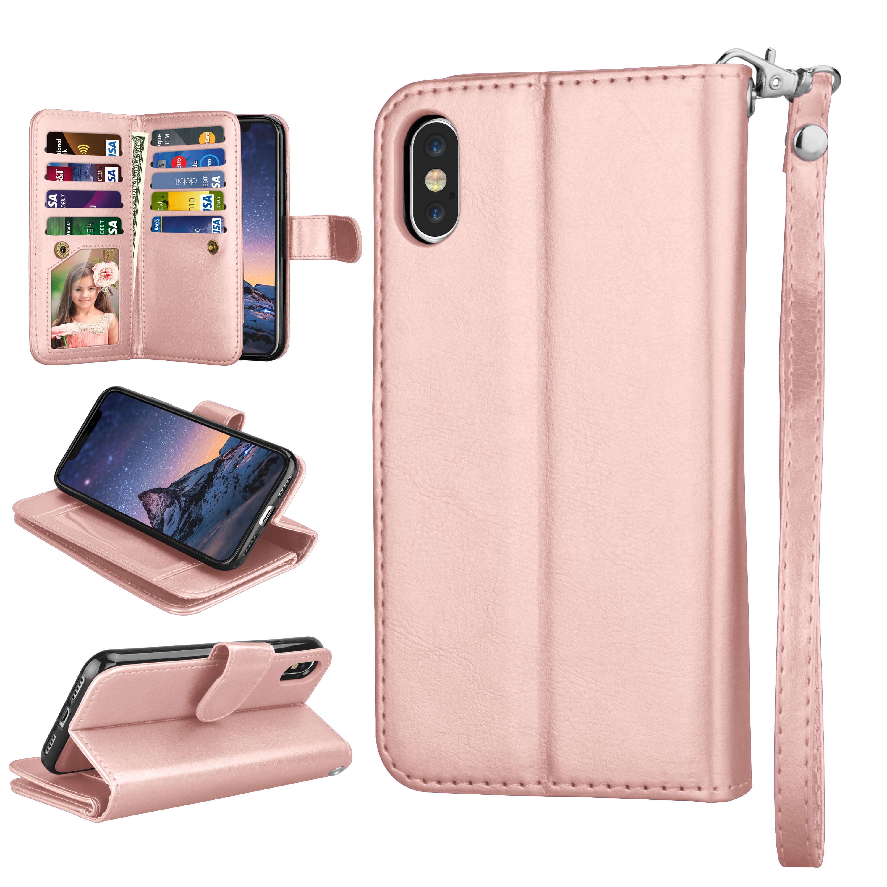 Leather Cover Compatible with iPhone Xs Pink Wallet Case for iPhone Xs 