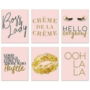 Inspirational Fashion Prints - Set of 6 (8x10) Pink and Gold Office Poster Wall Art Quotes