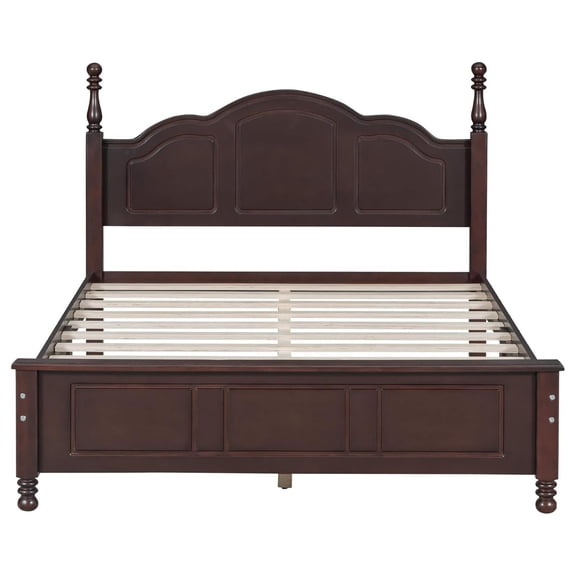 Full Size Platform Bed, Solid Wood Frame with Classical Headboard, Dark Walnut, No Box Spring Needed