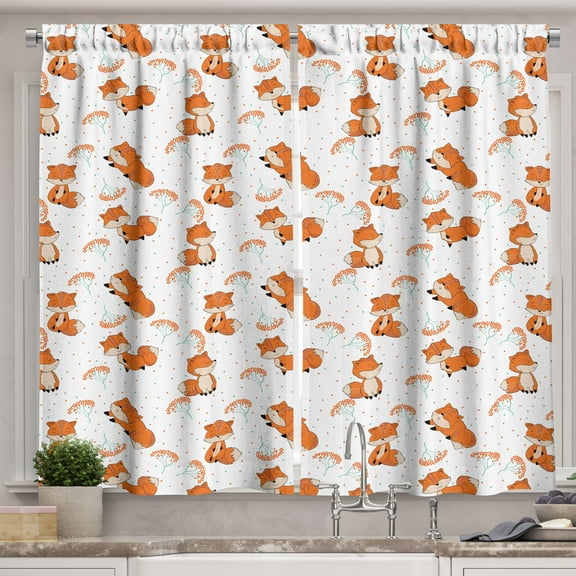 Ambesonne Foxes Kitchen Curtains, Sleeping Forest Animals Dots, 55"x30", Orange and Cadet Blue