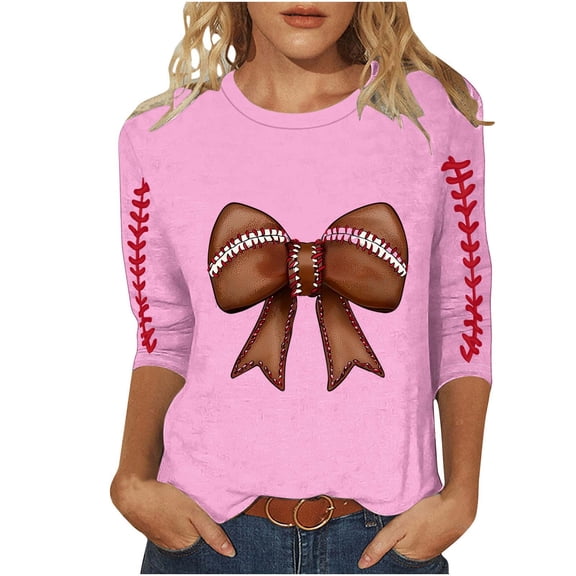 Gamivast Long Sleeve Graphic Tees for Women Football Bow Game Day Print 3/4 Sleeve Shirts Crew Neck Slim Fit Casual Western Tops Work Out Outfits