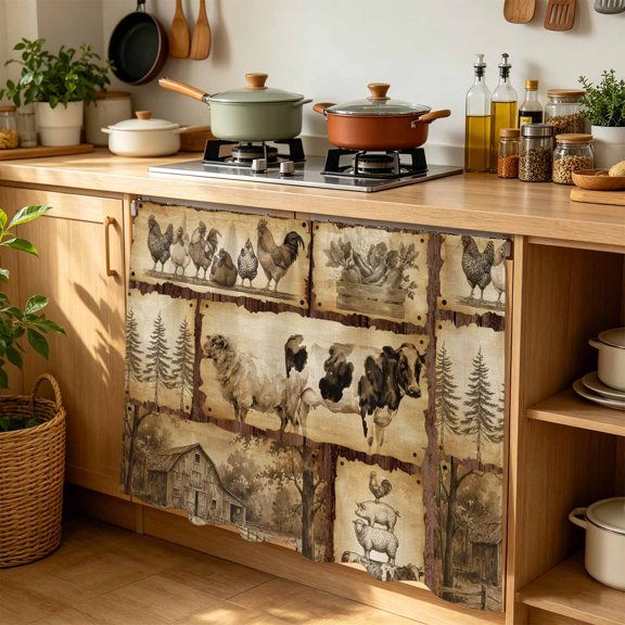 Farm Animal Cabinet Curtains for Kitchen 35"Wx35"L, Retro Chicken Cow Sheep Pig Pine Trees Silhouette Farmhouse Laundry Sink Cabinets Magic Tape Curtain Privacy Panel for Bathroom Vanity Cabinets