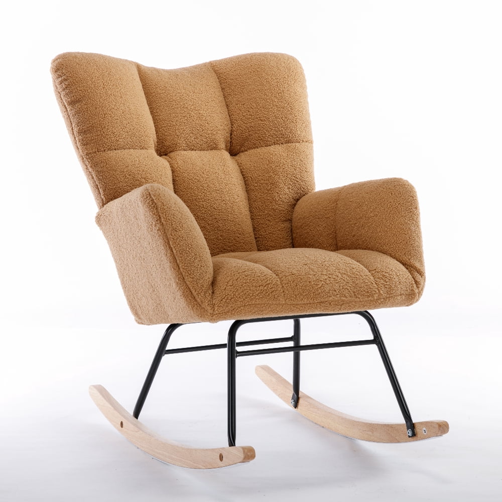 Oufan Leisure Rocking Chair With Upholstered, Teddy Fabric Nursery Rocking Chair with High Backrest & Solid Wood Frame for Living Room, Bedroom