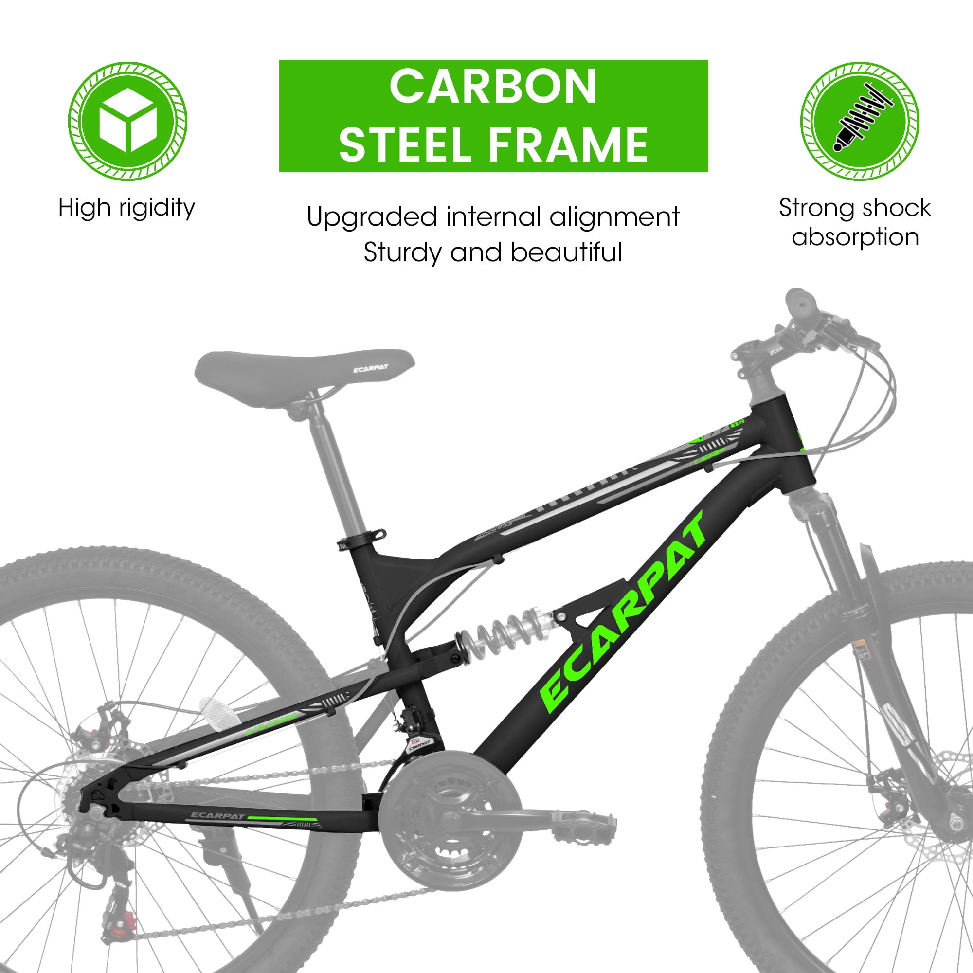 26 Inch Mountain Bike Full Suspension, 21 Speed Mountain Bicycle with Double Disc Brakes, Carbon Steel Frame Commuter City Bike for Adult Men Women, Black-Green