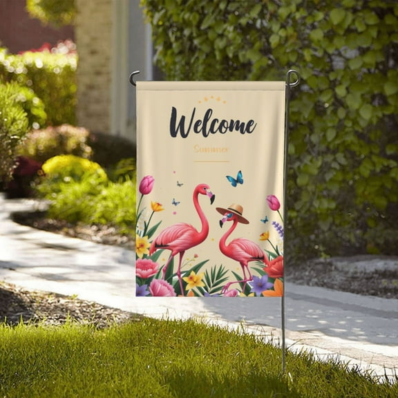 Welcome Summer Flamingo Garden Flag 12x18 Inch Double Sided Tropical Flowers Birds Outdoor Yard Decor Patio Banner