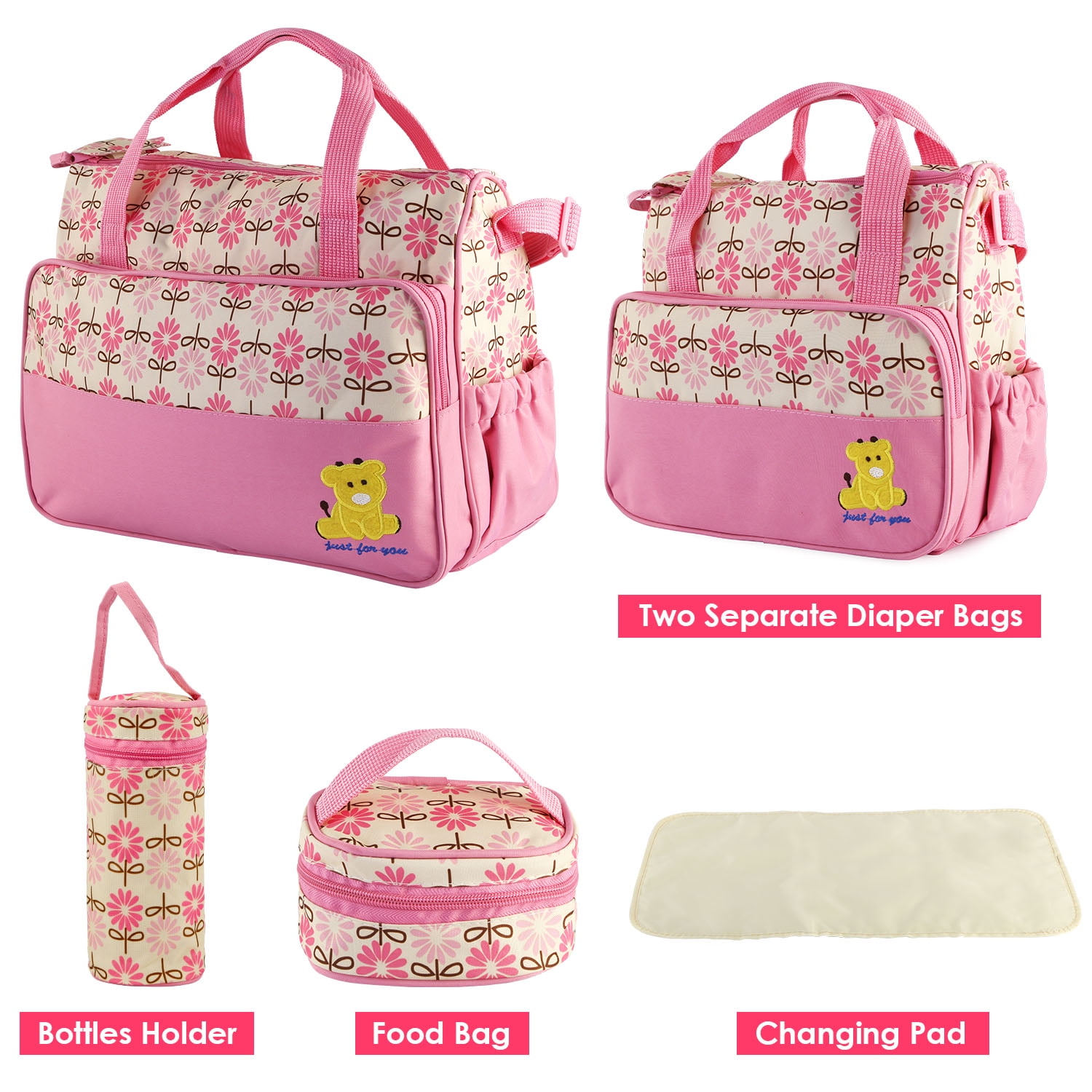 Imountek 5Pcs Diaper Bag Tote Set, Baby Diaper Bag Set with Changing Pad, Insulated Pockets, Water-Resistant Travel Tote for Mom and Dad, Pink