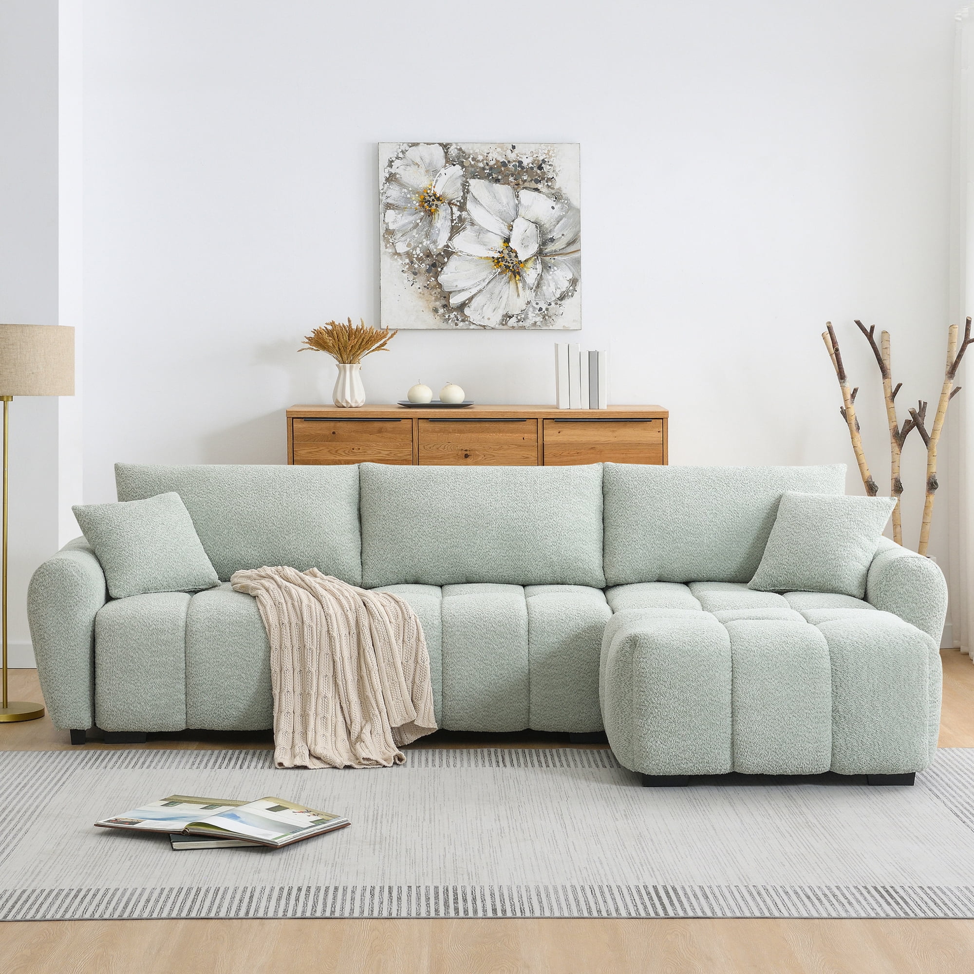 Sectional Sofa, Modular Sofa, L-Shape Couch, Boucle Sofa with Pull-Line Design and Movable Ottoman, Light Green