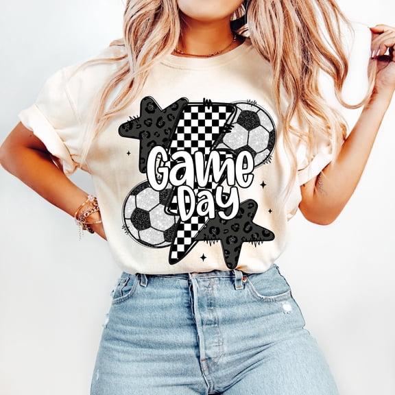 Playful Glitter Soccer Mama T-Shirt for Game Day Enthusiasts with Retro Checkered Design