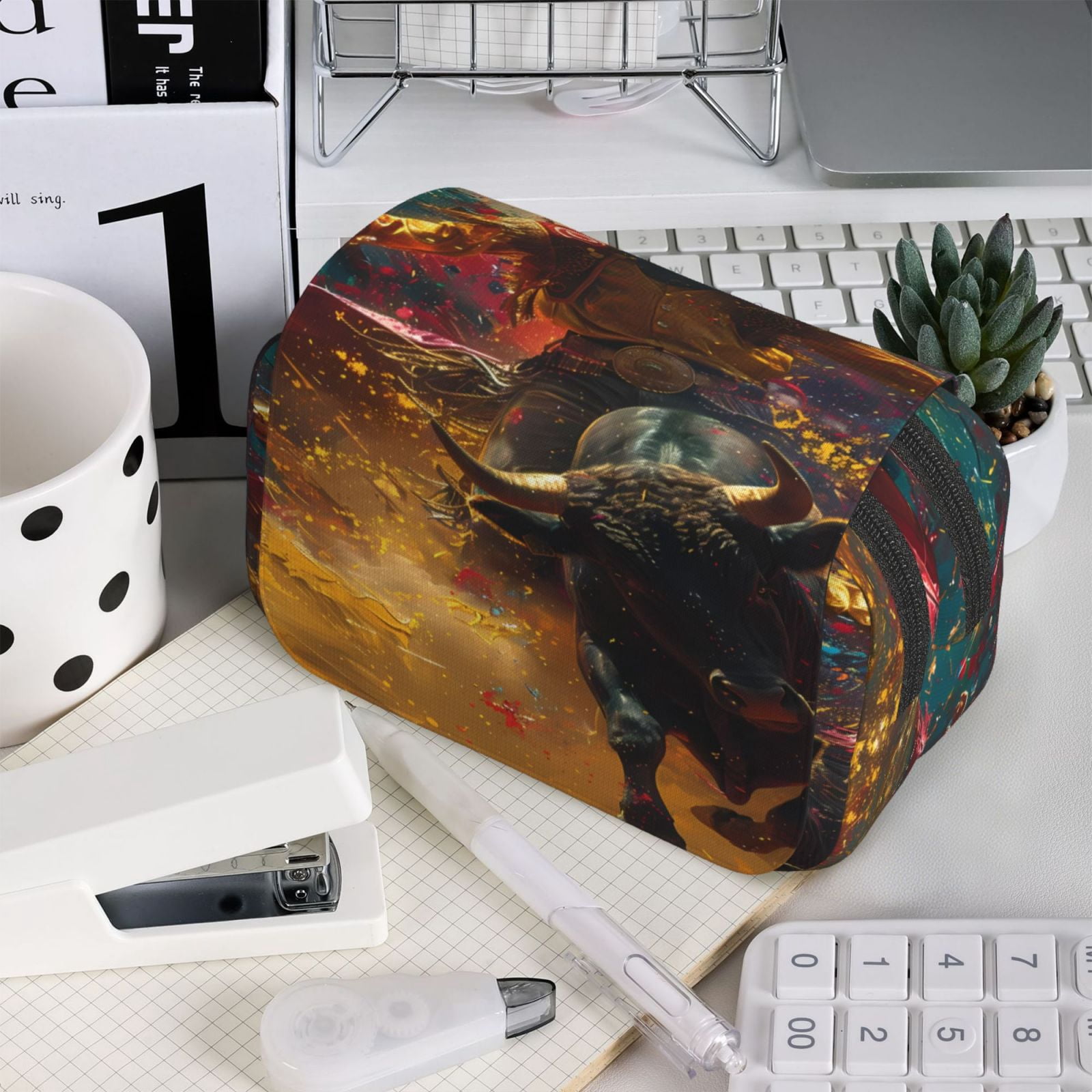 Rateoe Colorful Bull Western Man Pattern Double Clamshell Pen Case, Storage Organizer with Two Zipper Compartments– Holds Up to 50 Pencils & Pens