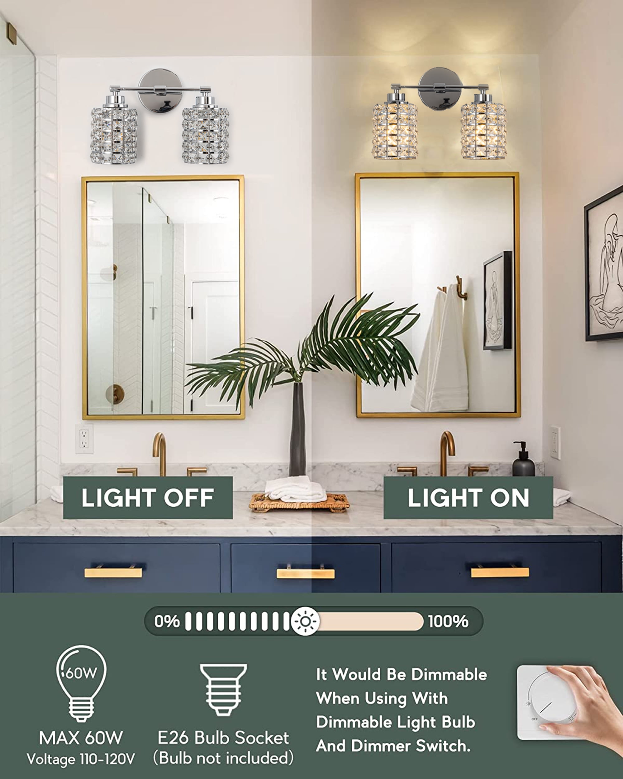 2-Lights Vanity Lights, Crystal Bathroom Light Fixtures Over Mirror Indoor Lighting Matte Black with Crystal Shades for Makeup & Dressing Table Foyer
