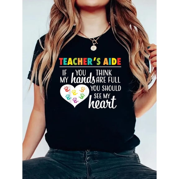 Cotton Teacher Aide Appreciation Cute Heart Tee for Women T-Shirt Women's Graphic Tee Casual Tops