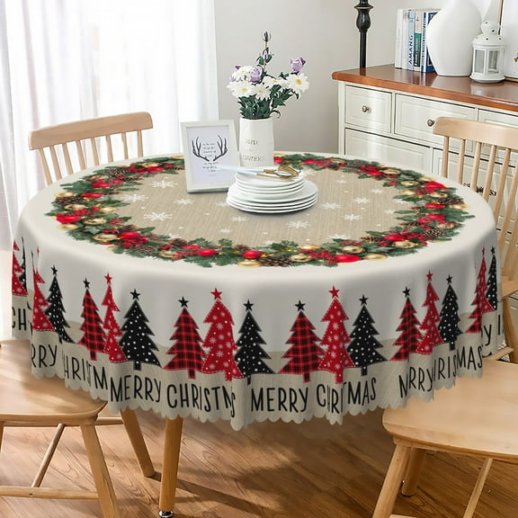 Nanqianyi Round Christmas Tablecloth 70 Inch, Winter Xmas Trees Pine Cone Balls Printed Washable Table Cloth for Kitchen Dinner Decor