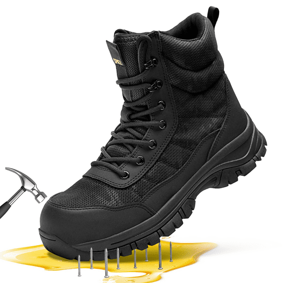 SPIEZ® Men's Steel Toe Safety Boots,Non Slip Ankle Protection Safety Shoes,Puncture-Resistant Work Shoes for Factory|Construction|Tactical|Outdoor,Black Size 9.5