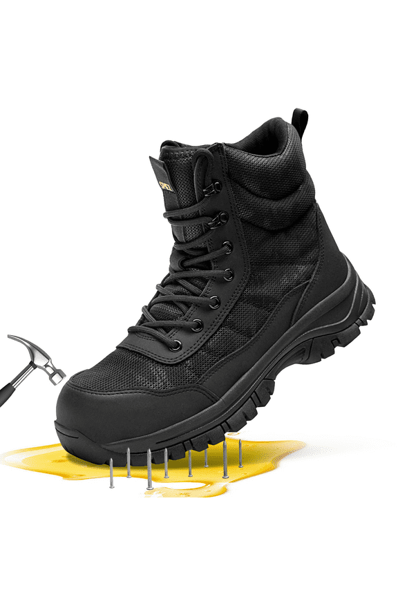 Men's Steel Toe Safety Boots,Non Slip Ankle Protection Safety Shoes,Puncture-Resistant Work Shoes for Factory|Construction|Tactical|Outdoor,Black Size 9.5