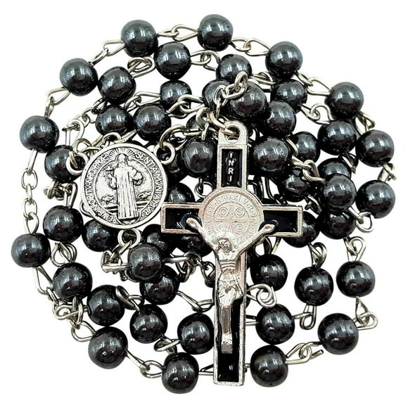TALISMAN4U CATHOLIC ROSARY NECKLACE Black Hematite Beads Saint Benedict Medal & Cross Crucifix in Gift Box