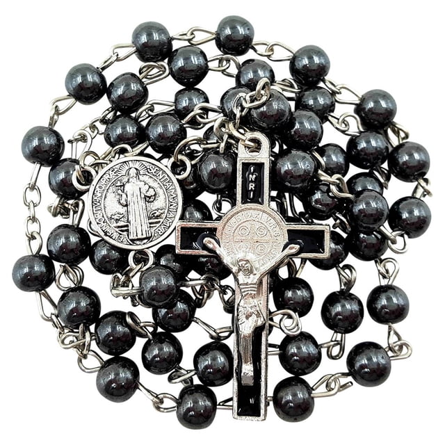 TALISMAN4U CATHOLIC ROSARY NECKLACE Black Hematite Beads Saint Benedict Medal & Cross Crucifix in Gift Box
