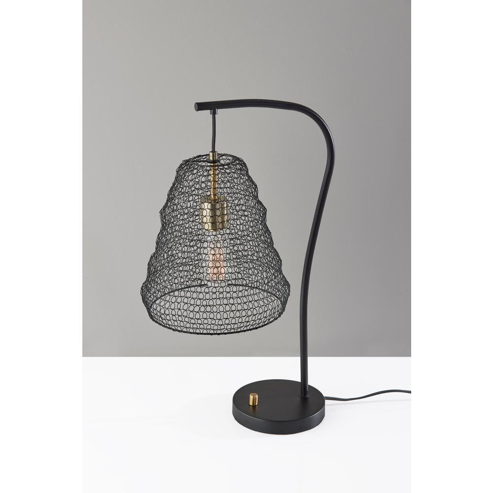 Adesso Sheridan Table Lamp, Black with Antique Brass Accents, Metal Wire Mesh Shade