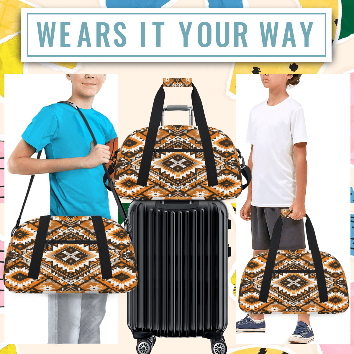 Herdesigns Aztec Geometric Sports Duffle Bag for Women & Men, Gym Bag Dance Bag Overnight Bag Carry On Weekender Travel Bag