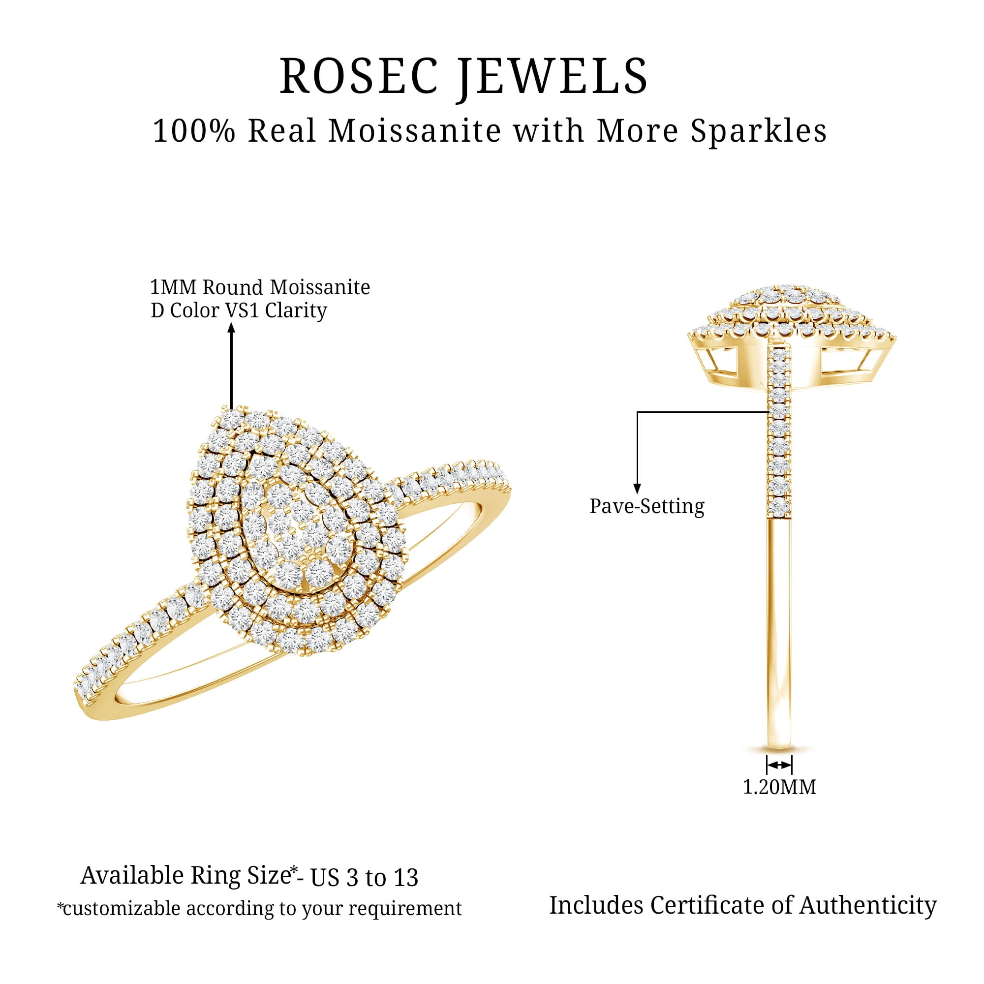 Rosec Jewels Certified Moissanite Pear Shape Engagement Ring for Women, 14K Yellow Gold, US 3.50