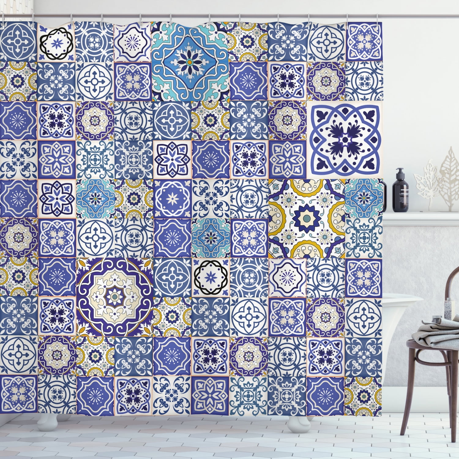 Blue Moroccan Mosaic Tiles Thin Peva Vinyl Shower Curtain Standard Size 70"x72" 