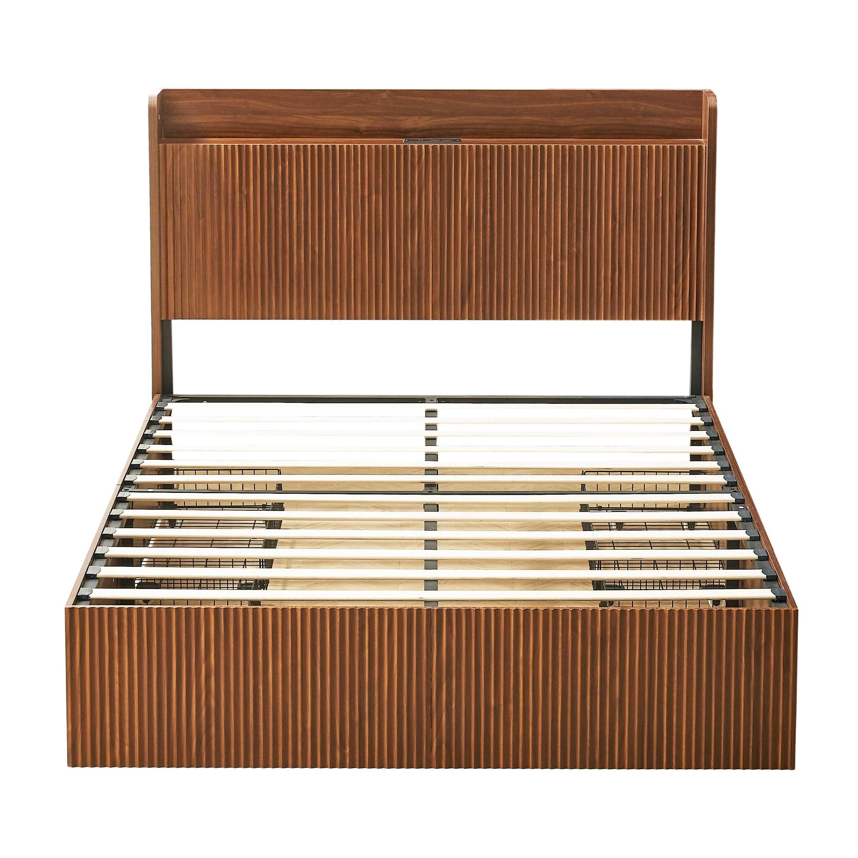 GARITIN Queen Size Platform Bed Frame with 4 Storage Drawers & Built-in Charging Station, Wooden Storage Box Bed, Large Capacity Organizer for Bedroom, Walnut