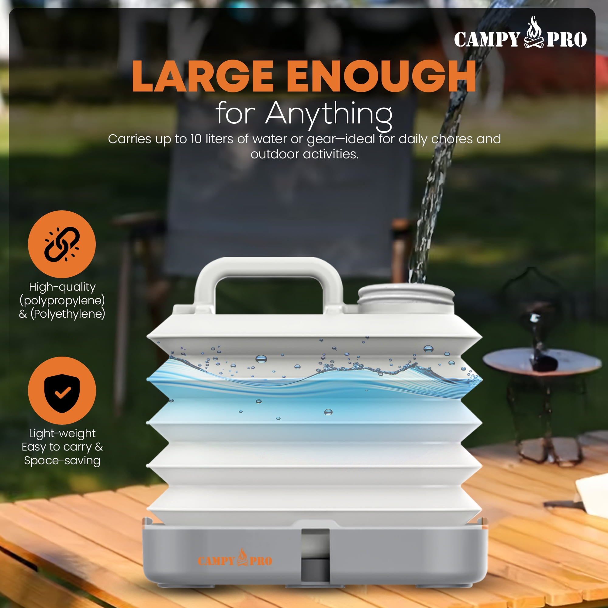 Campy Pro Collapsible Water Container 10L (2.6 Gal) – Foldable Portable Jug for Camping, Hiking, Fishing, RV, Outdoor, Emergency & Travel