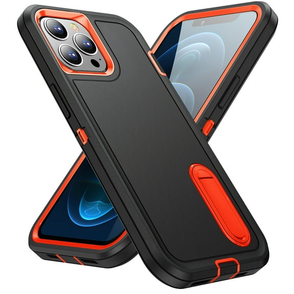 for iPhone 12 / 12 Pro Case with Kickstand, [10FT Military Drop Protection] Rugged Heavy Duty Hard PC Soft Silicone Rubber Bumper Hybrid Triple-Layer Case for iPhone 12 / 12 Pro,
Black Orange