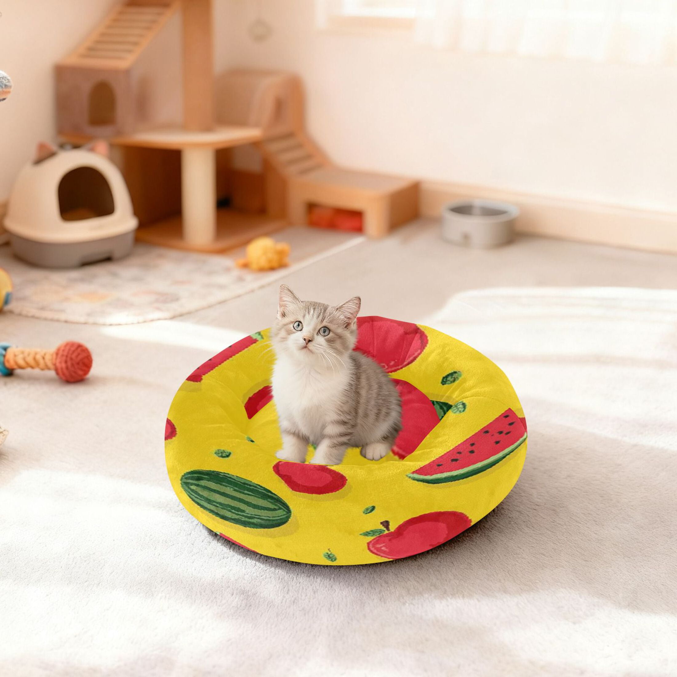 Iauyy Pet Couch Donut Cat Bed for Indoor Cats/Small Dogs Washable & Machine with Non-slip Bottom Calming Cat Furniture, Watermelon (M)