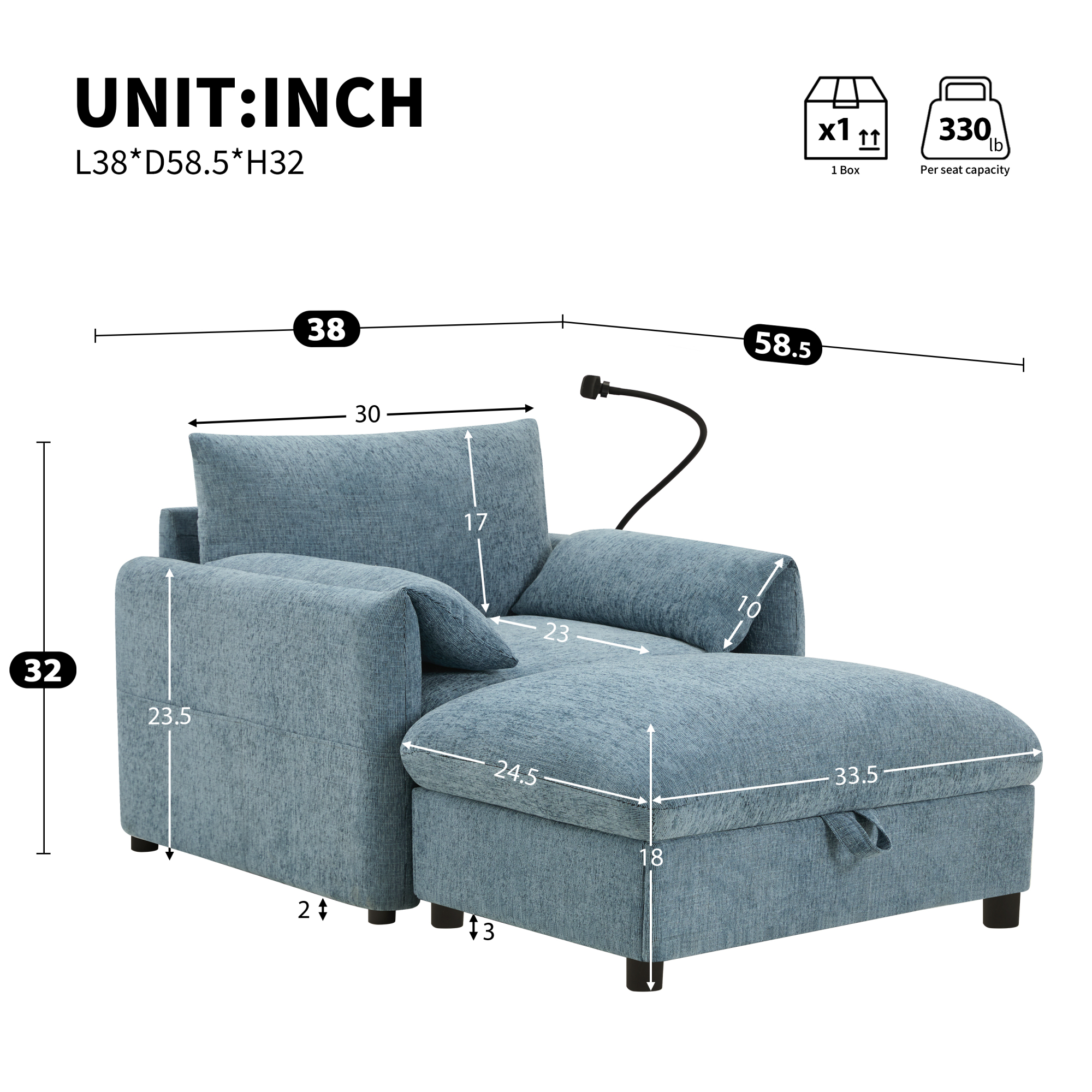 38" Accent Chair with Storage Ottoman, Single Sofa with USB Charger and Phone Holder, Wide Seat Chaise Lounge for Living Room&Apartment,Blue