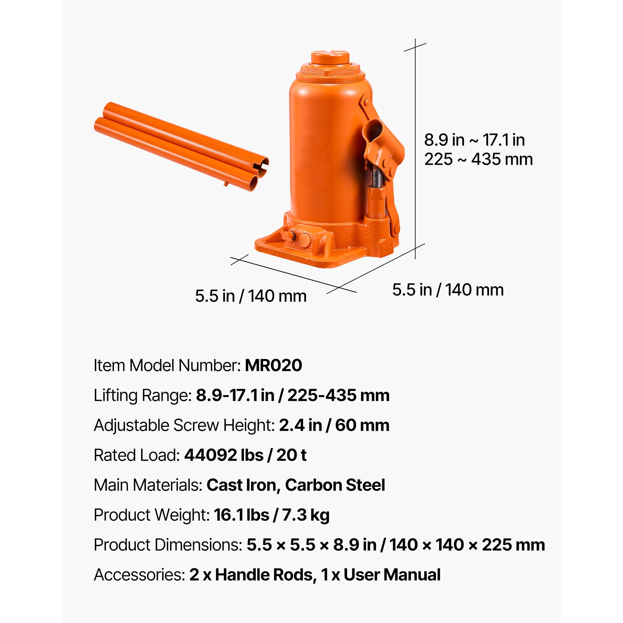 KFFKFF Hydraulic Bottle Jack, 20 Ton Capacity, 8.9-17.1 Inch Lift Range, Durable Heavy-Duty Jack for Cars, SUVs, Trucks, Auto Maintenance, Home Lifting, and Farm Equipment, Orange