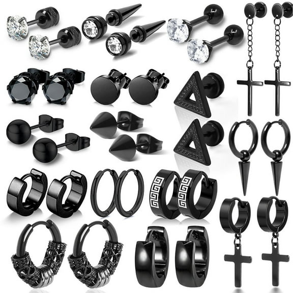 16 Pairs Earrings for Men Black Stainless Steel Earring Sets, Black Hoop Earrings, Mens Earrings, Stud Earrings Sets
