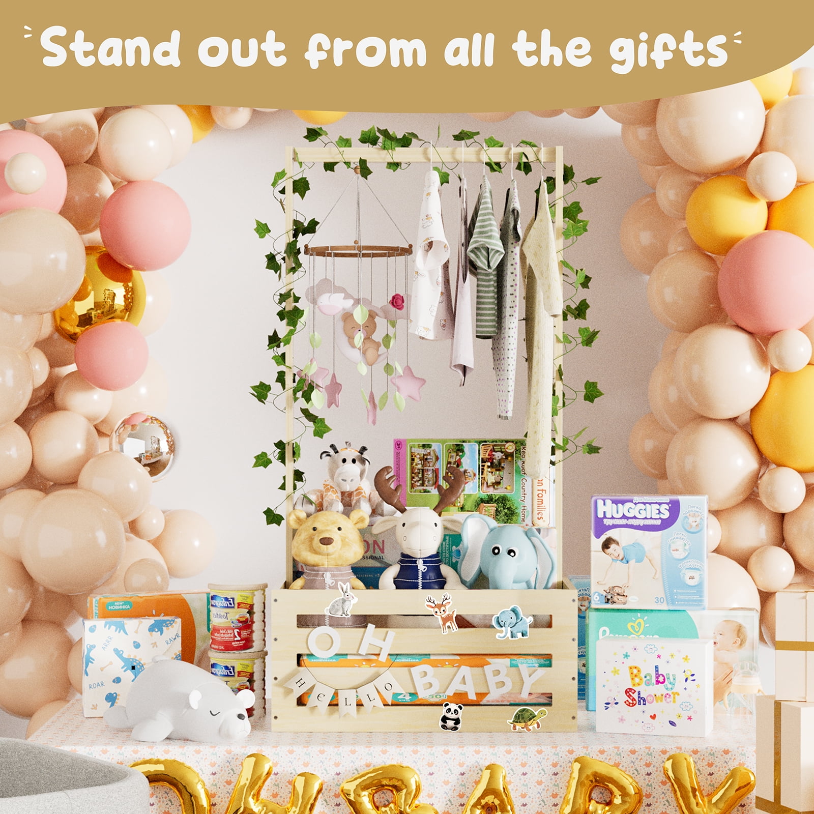 TeSabMi Large Baby Shower Gifts Basket Wooden Crate, Personalized Wooden Letters Hangers New Born Baby Girl Boy Pregnancy Gifts for New Mom Parents Vine Decorations Cute Closet with Adjustable Handle