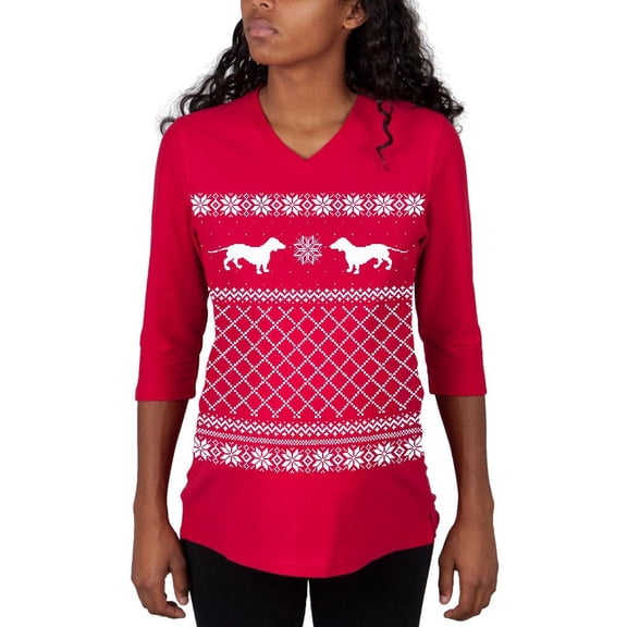Dachshund Ugly Christmas Sweater Red Maternity 3/4 sleeve T-shirt - Medium
