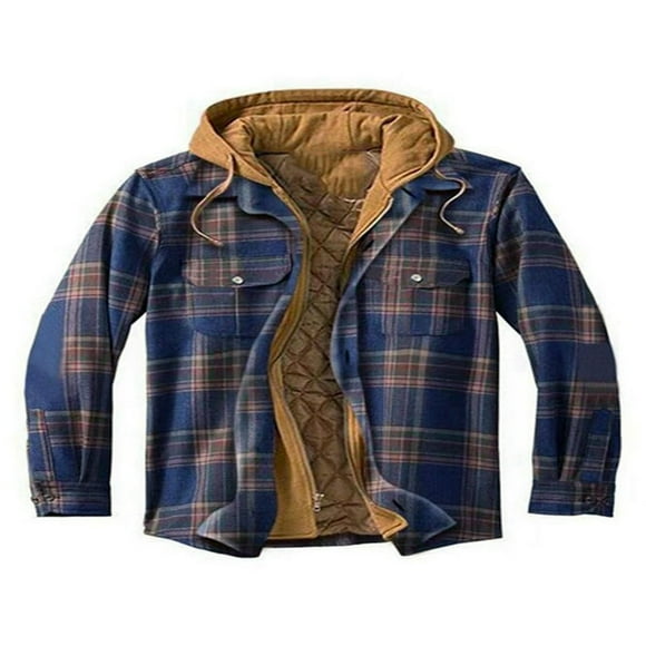 PENGXIANG Men‘s Hooded Quilted Lined Flannel Shirt Jacket Long Sleeve Plaid Zipper Button Up Coat Outwear