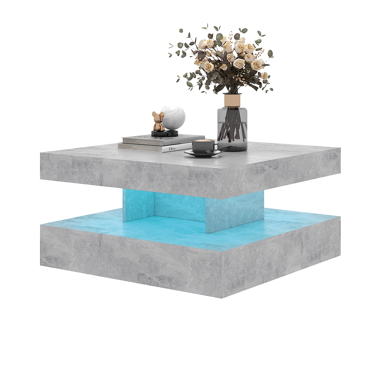 Hironpal Gray LED Coffee Table for Living Room,31" Living Room Center Table,2-Tier Square Modern Table with Storage,Gray