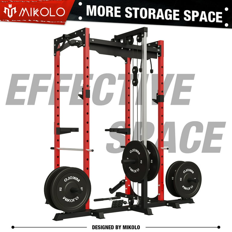Mikolo Power Rack Cage with LAT Pulldown System,1200LBS Capacity Power Rack  with 800 lbs Capacity Weight Bench Combo, Multi-Functional Squat Rack  (Upgraded) 