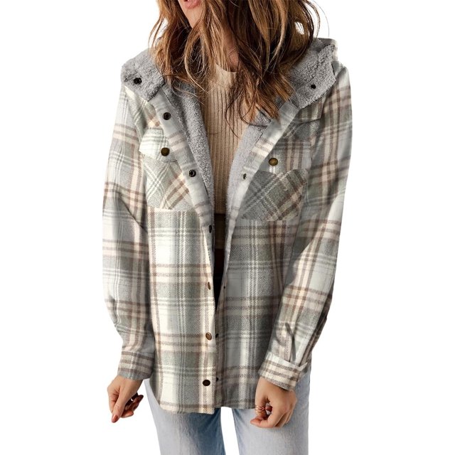 Womens Plaid Shacket Jacket Long Sleeve Button Down Fleece Hooded Jackets Warm Coat