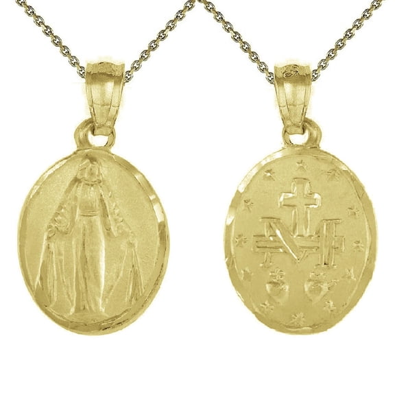 925 Sterling Silver Yellow Gold Plated 1mm Cable Chain Necklace w/ Miraculous Virgin Mary 2-sided Pendant Charm