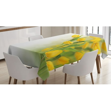 Famous Flower - Yellow Flower Tablecloth, Romantic Tulip Bouquet Famous Plant of Netherlands Botanical Theme, Rectangular Table Cover for Dining Room Kitchen, 60 X 84 Inches, Mustard Fern Green, by Ambesonne