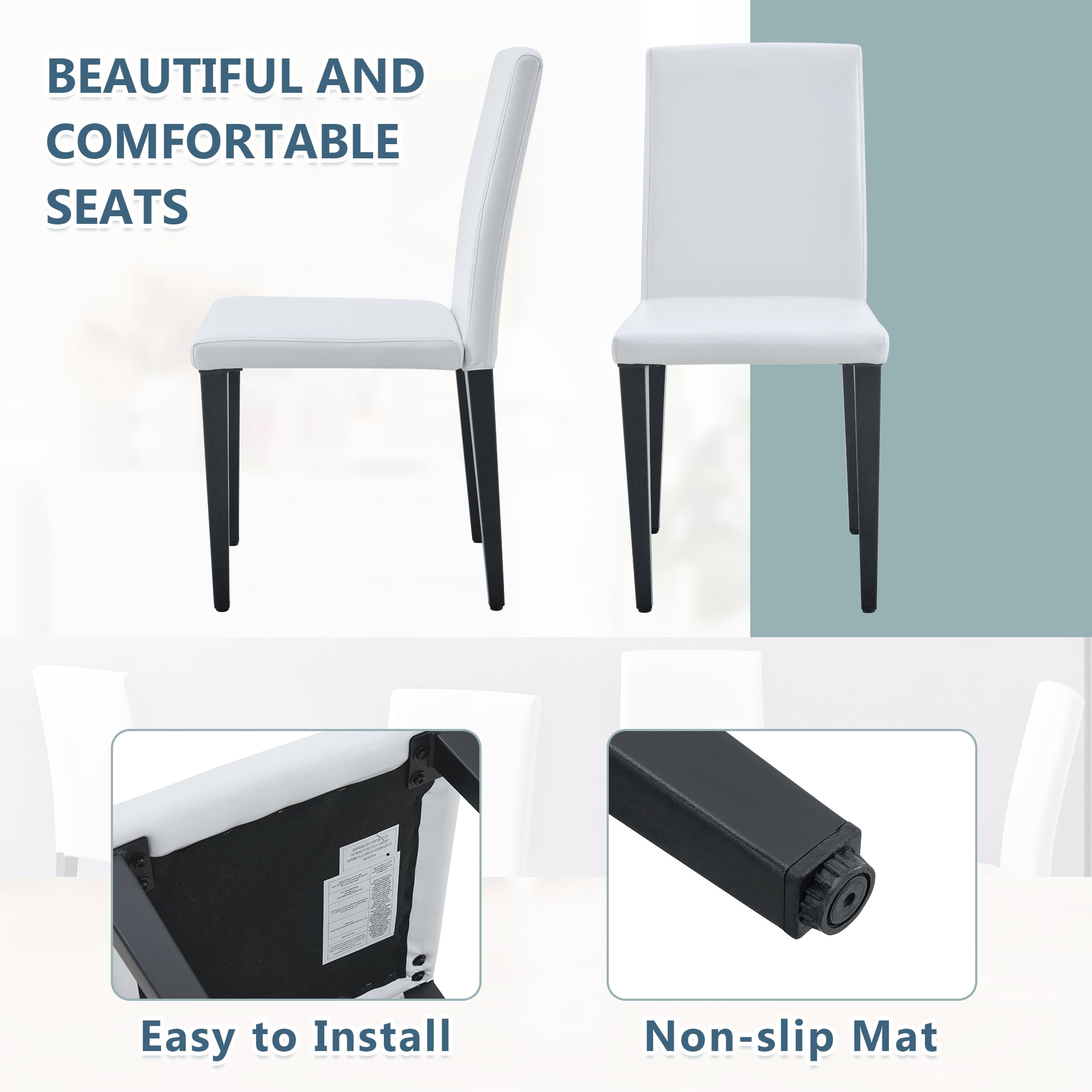 Dining Chairs Set of 4, White PU Leather Dining Chairs 35.4 Inch High with Ergonomic Backrest, 17x16 Sponge Seat, Modern Kitchen Chairs for Dining Room, Home Office and Living Space, Black Metal Leg