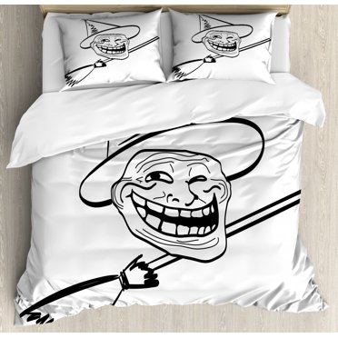 Humor Decor Queen Size Duvet Cover Set, Halloween Spirit Themed Witch Guy Meme Lol Joy Spooky Avatar Artful Image, Decorative 3 Piece Bedding Set with 2 Pillow Shams, Black White, by Ambesonne