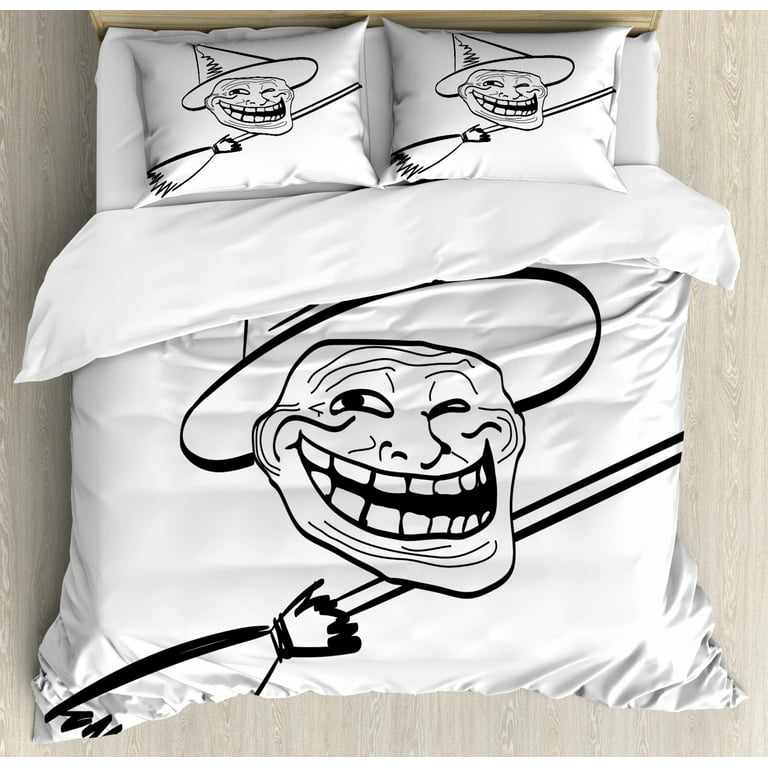 Humor Decor King Size Duvet Cover Set, Halloween Spirit Themed Witch Guy  Meme Lol Joy Spooky Avatar Artful Image, Decorative 3 Piece Bedding Set  with 2 Pillow Shams, Black White, by Ambesonne 