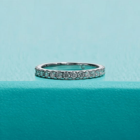 Silvago Jewel Stamped 14K White Gold Plated Stackable Dainty Diamond Band - Round Cut 1.0 Ct VVS1/D Lab Created Simulated Diamond Anniversary Band for Women's - Eternity Diamond Band for Mom